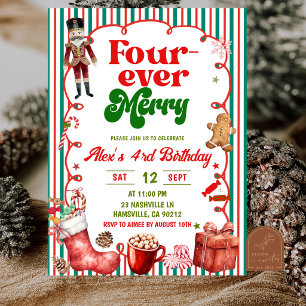 Fun Whimsical Christmas Four ever Merry Birthday Invitation