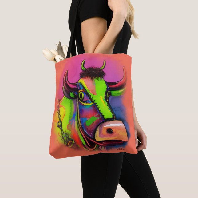 Fun Whimsical Colourful Art Cow Tote (Close Up)