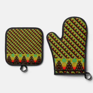 Fun Whimsical Folk Art Christmas Tree Oven Mitt & Pot Holder Set