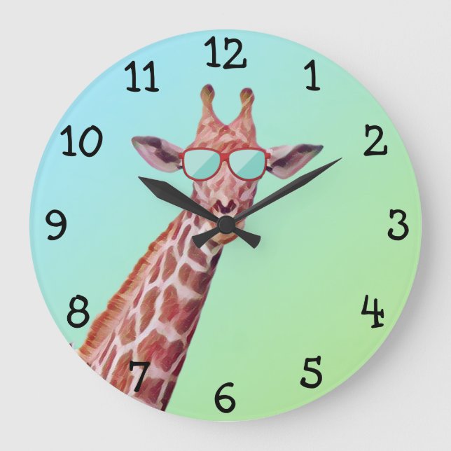 Fun Whimsical Giraffe Wearing Sunglasses on Green Large Clock (Front)