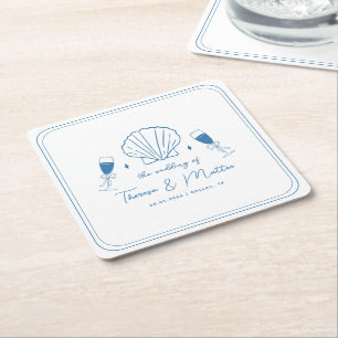 Fun Whimsical Hand Drawn Nautical Coastal Wedding Square Paper Coaster