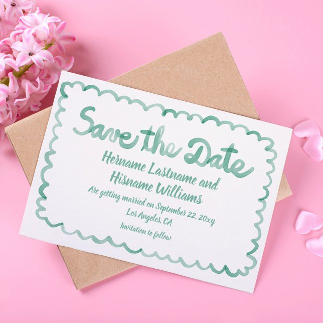 Fun Whimsical Hand Drawn Olive Green White Save The Date (Creator Uploaded)