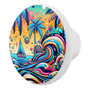 Fun Whimsical Psychedelic Sailboat Ceramic Knob
