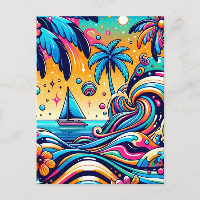 Fun Whimsical Psychedelic Sailboat  Postcard (Front)