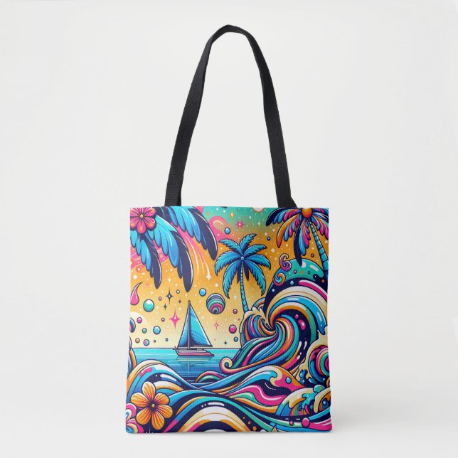 Fun Whimsical Psychedelic Sailboat  Tote Bag (Front)