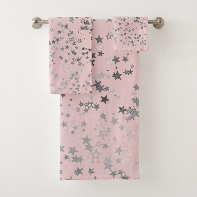 Fun Whimsical Silver Stars on Pink Bath Towel Set (Insitu)