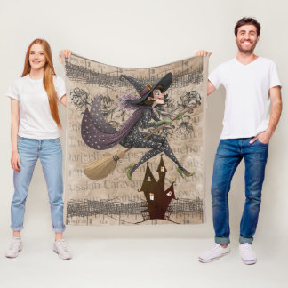 Fun Whimsical Witch on Broom Fleece Blanket