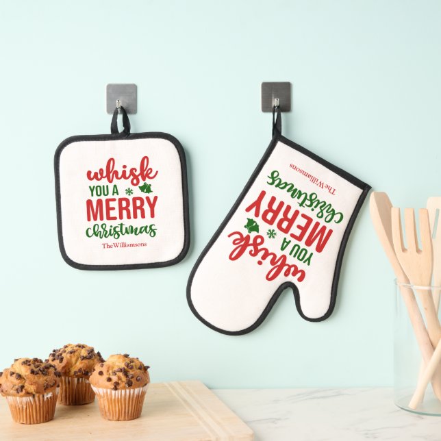 Fun Whisk You A Merry Christmas Green Red White Oven Mitt & Pot Holder Set (Insitu(Hanging))