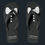 Fun White Bow Tie on Black Cute Groomsman Wedding Flip Flops<br><div class="desc">These flip flops are whimsical and fun,  and a great way to thank the groomsmen at your wedding. They feature a cute mock tuxedo design with a white bow tie and buttons at the top and his name and title below.</div>