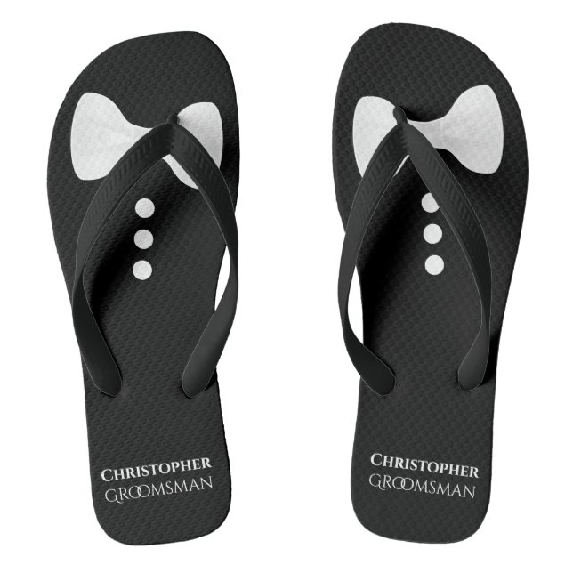 Fun White Bow Tie on Black Cute Groomsman Wedding Flip Flops (Footbed)