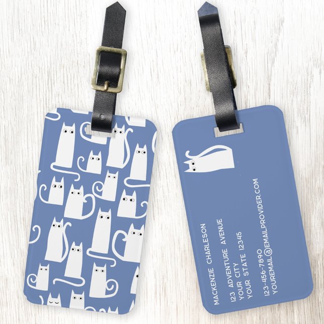 Fun White Cat on Blue Luggage Tag (White cat on sky blue personalized luggage tag for animal lovers)