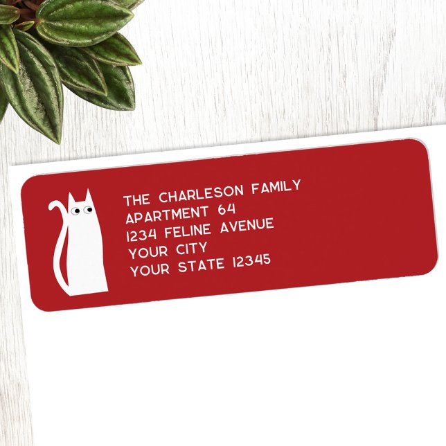 Fun White Cat Red Adresse de retour (White cat on red personalized return address label perfect for Christmas and the Winter Holidays)