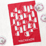 Fun White Cats Personalized Name Kitchen Towel<br><div class="desc">Fun little white cats on a festive red background. Original art by Nic Squirrell. Change the name or text to customize.</div>