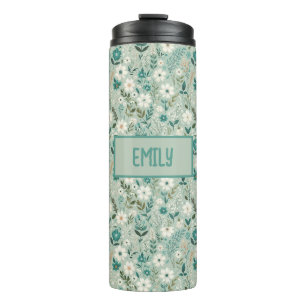 Fun White Daisy Teal Floral Thermal Tumbler