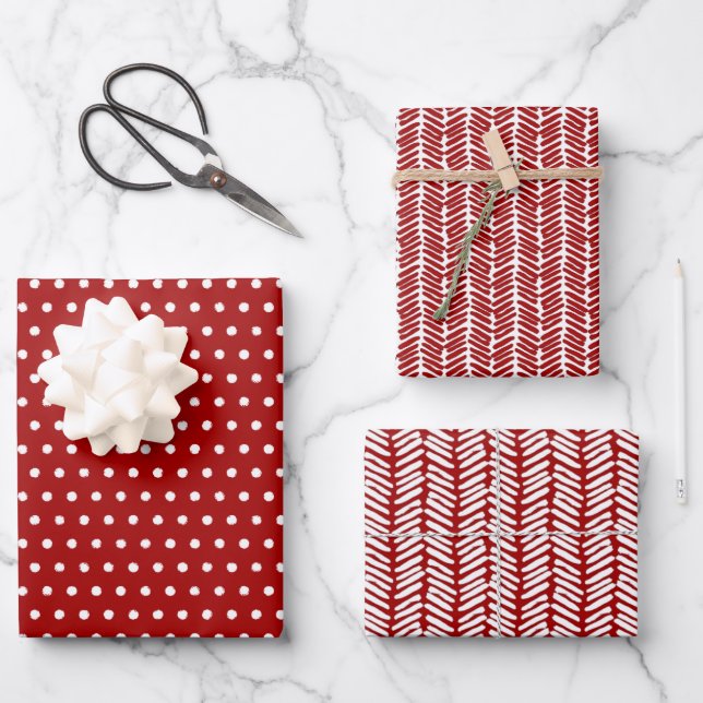 Fun White Polka Dots Chevron Stripes On Dark Red Wrapping Paper Sheet (Front)