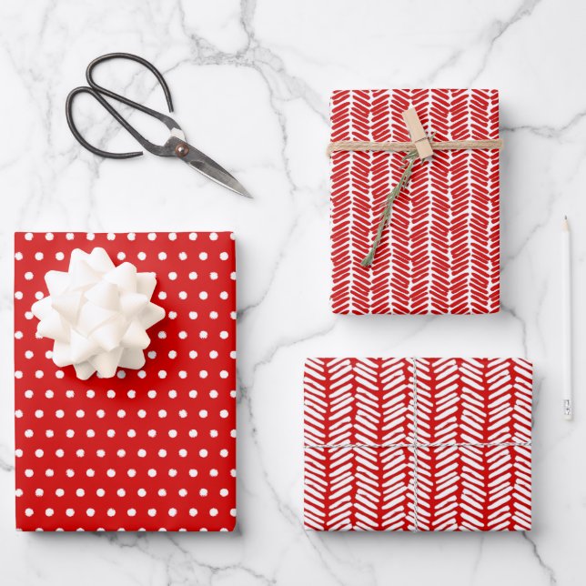 Fun White Polka Dots Chevron Stripes On Red Wrapping Paper Sheet (Front)