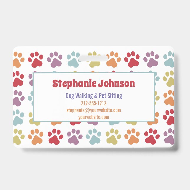 Fun White Rainbow Coloured Paw Prints Dog Walking  Badge (Front)