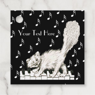 Fun White Winking Cat Fluffy Tail on Piano Keys Favour Tags