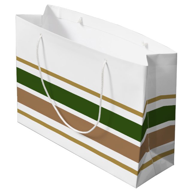 Fun Wide Dark Green Brown Racing Stripes On White Large Gift Bag (Back Angled)