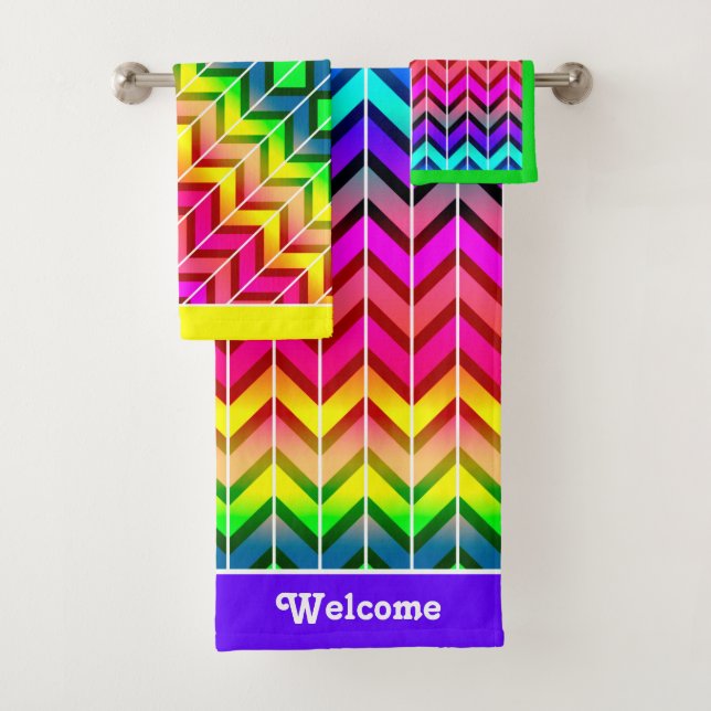 [Fun with Stripes] Pattern #7a Rainbow Geometric Bath Towel Set (Insitu)