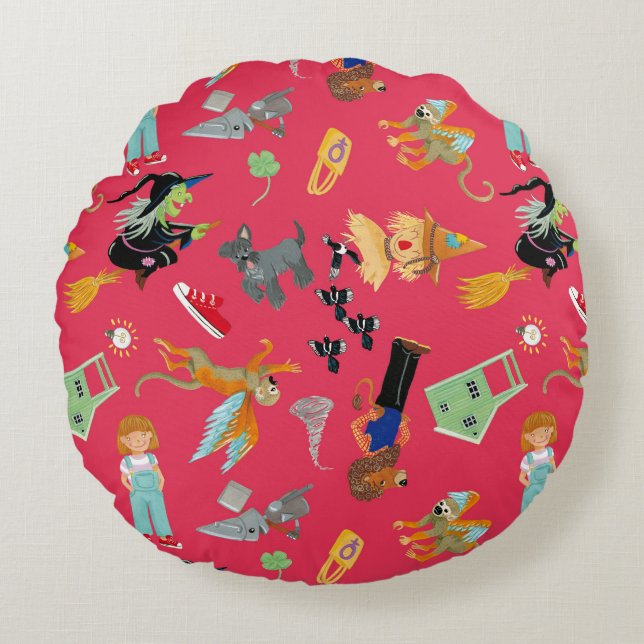 Fun Wizard of Oz on red children's design Round Pillow (Front)