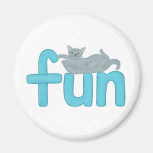 fun word in aqua with playful grey cat, magnet