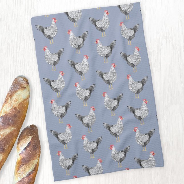 Fun Wyandotte Chicken Hen Watercolor Blue Kitchen Towel (Wyandotte Chicken watercolor hen pattern kitchen tea towel)