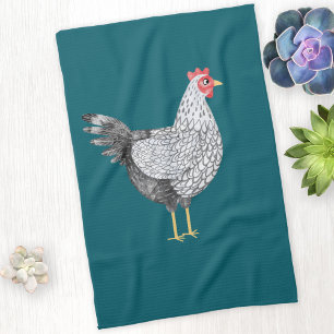 Fun Wyandotte Chicken Hen Watercolor Teal Green Kitchen Towel