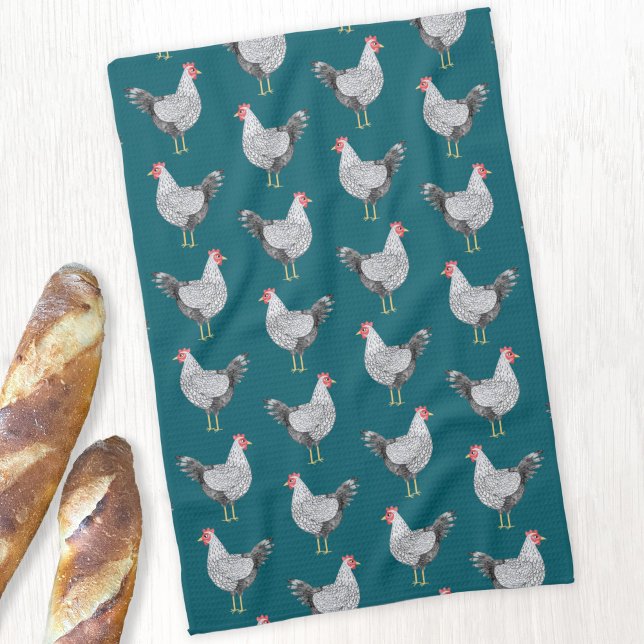 Fun Wyandotte Chicken Hen Watercolor Teal Green Kitchen Towel (Wyandotte Chicken watercolor hen pattern kitchen tea towel)