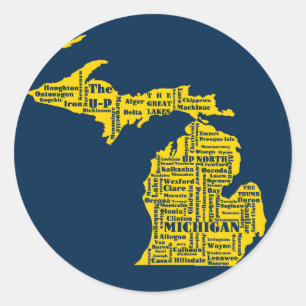 Fun Yellow and Navy Blue State of Michigan cities Classic Round Sticker