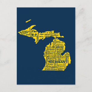 Fun Yellow and Navy Blue State of Michigan cities Postcard