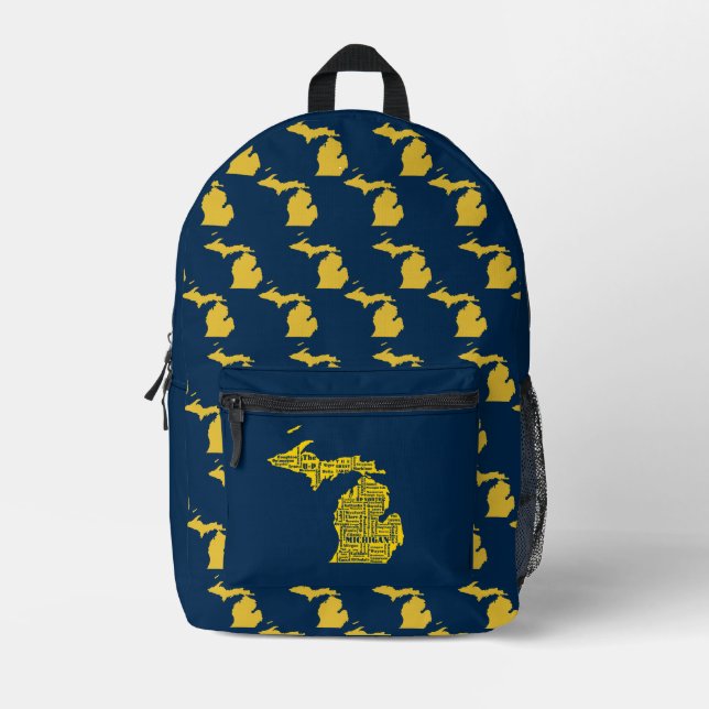 Fun Yellow and Navy Blue State of Michigan cities Printed Backpack (Front)
