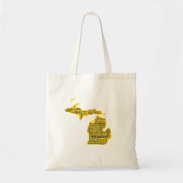Fun Yellow and Navy Blue State of Michigan cities Tote Bag (Front)