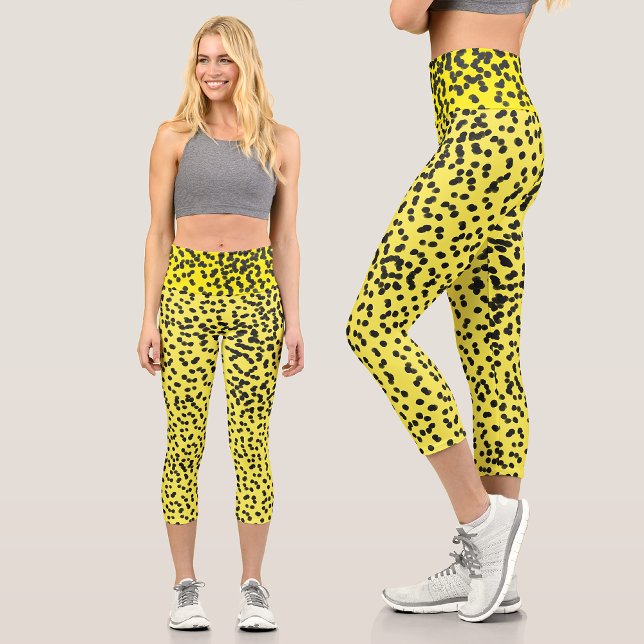 Fun Yellow Black Dalmatian Ink Paint Spots Pattern Capri Leggings (Creator Uploaded)
