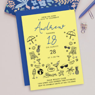 Fun Yellow Blue Beach Party Summer Scribble Doodle Invitation