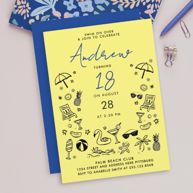 Fun Yellow Blue Beach Party Summer Scribble Doodle Invitation (Creator Uploaded)