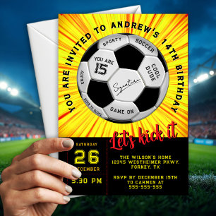 Fun Yellow Custom Text on  Soccer Ball  Birthday  Invitation