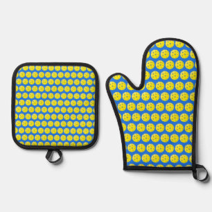 Fun Yellow on Blue Pickleball Print Oven Mitt & Pot Holder Set