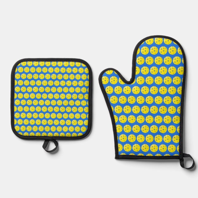 Fun Yellow on Blue Pickleball Print  Oven Mitt & Pot Holder Set (Front)