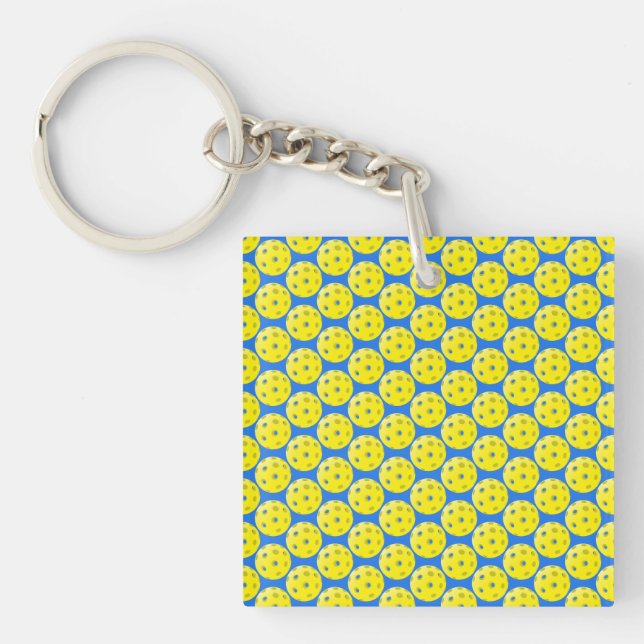 Fun Yellow Pickleball Pattern on Blue  Keychain (Front)