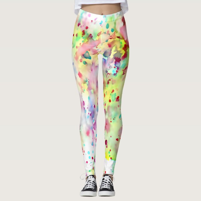 Fun Yellow, Red, Purple & Pink Paint Splatter Leggings (Front)