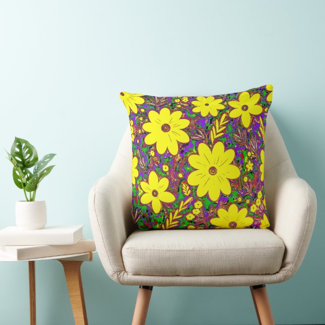 Fun Yellow Retro Daisy Colorful Foliage  Throw Pillow (Chair)