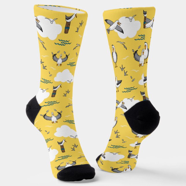 Fun Yellow Seagull Sea Birds Seaside Beach Socks (Angled)