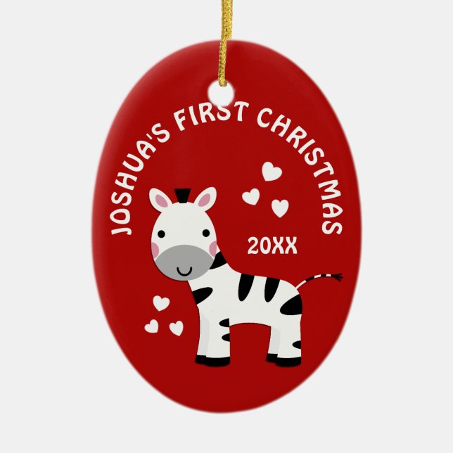 Fun Zebra Baby's 1st First Christmas Gift Red Ceramic Ornament (Front)