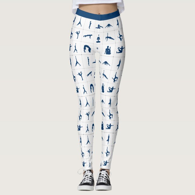 Fun Zen Yoga Poses Blue White Meditation Leggings (Front)