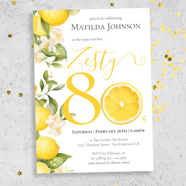 Fun Zesty Lemon 80th Birthday Party Invitation (Mockup view)