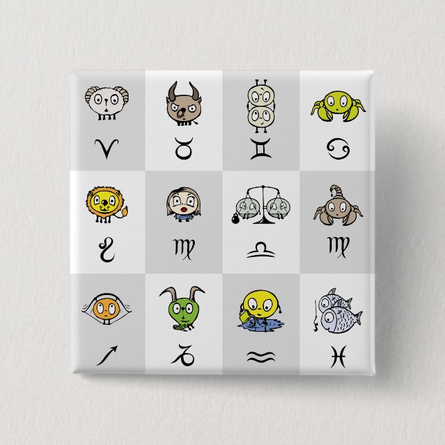 Fun Zodiac Astrological Characters 2 Inch Square Button (Front)