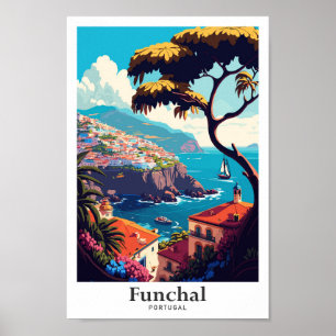 Funchal Portugal Travel Vintage Illustration Poster