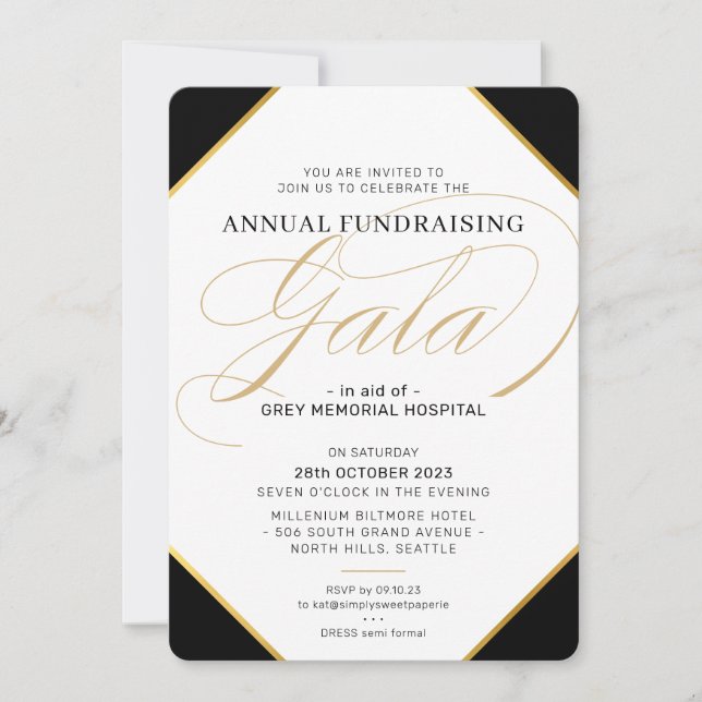 FUNDRAISING GALA BALL elegant event black tie gold Invitation (Front)