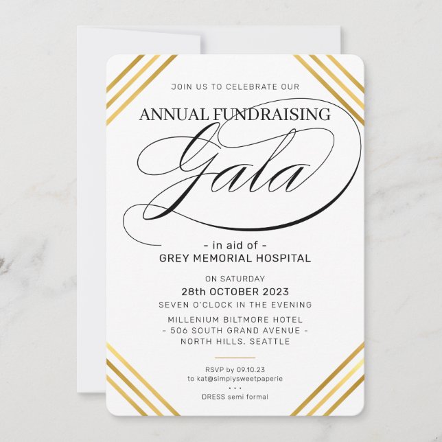 FUNDRAISING GALA elegant event fancy gold frame Invitation (Front)